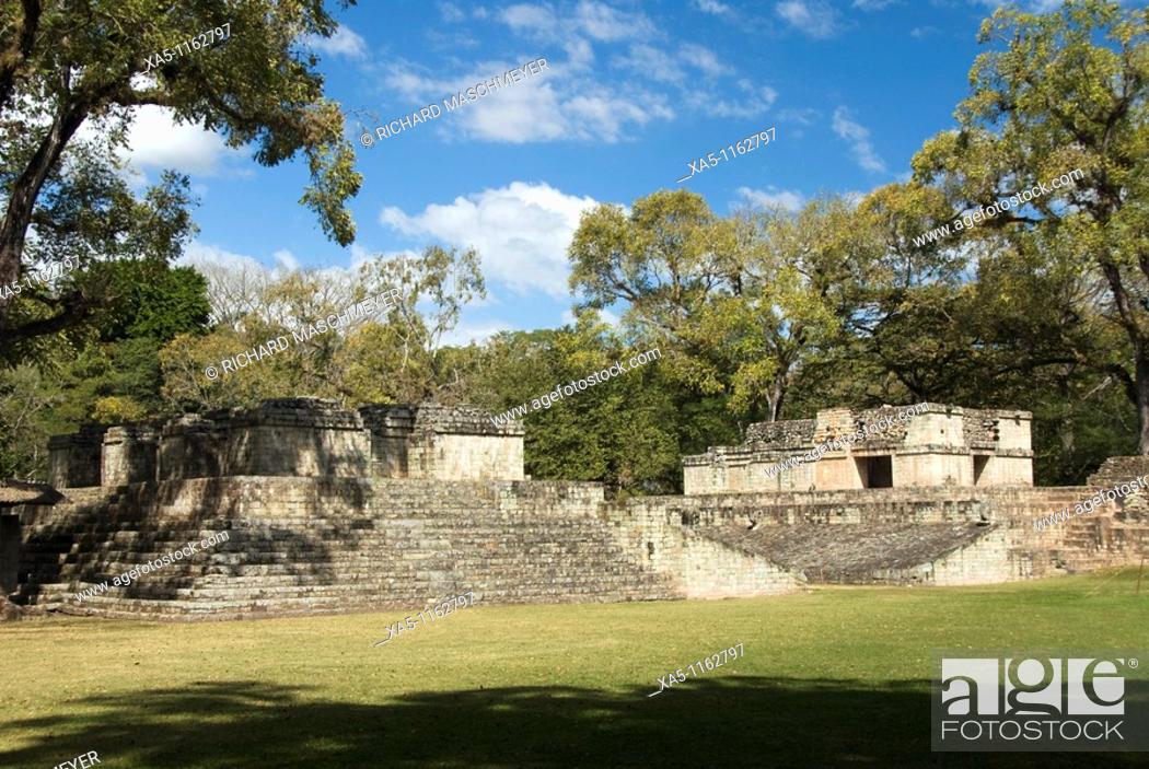 Stock Photo: Structure 9 on the left and Ball Court on the right, Copan archaeological park, Copan Ruinas, Honduras.