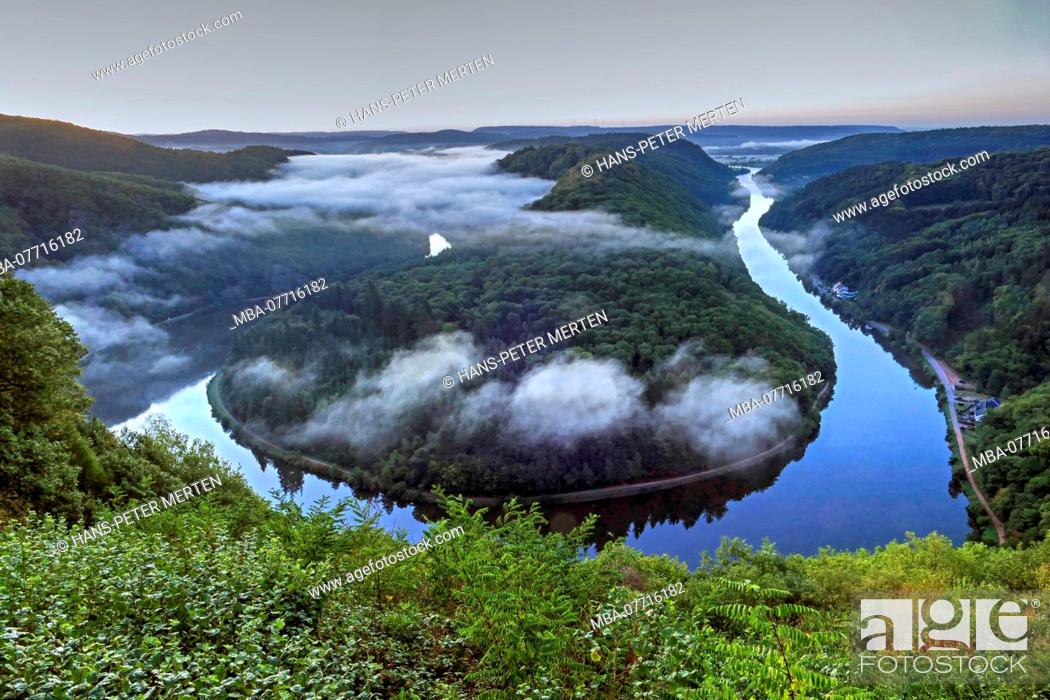 Stock Photo: View from the observation point Cloef in Orscholz to the Saar Loop near Mettlach, Saar valley, Saarland, Germany.