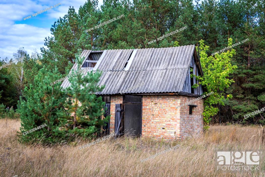 Stock Photo: Old farm building in Mashevo abandoned village of Chernobyl Nuclear Power Plant Zone of Alienation area around nuclear reactor disaster in Ukraine.
