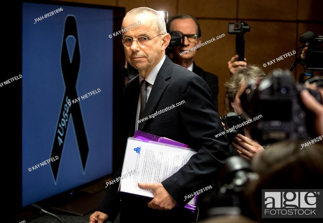 Stock Photo: Guenter Lubitz, father of the Germanwings co-pilot of the plane crash in the Alps, arrives at a press conference in Berlin, Germany, 24 March 2017.