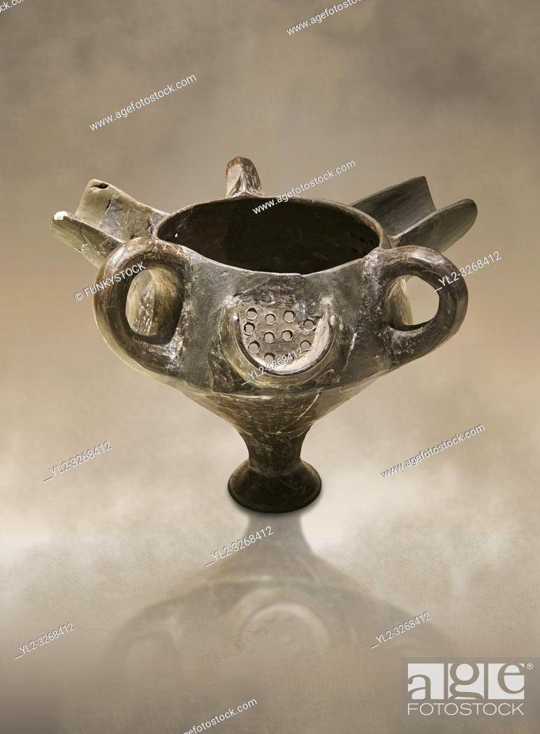 Stock Photo: Bronze Age Anatolian terra cotta vessel with strainer - 19th to 17th century BC - Kültepe Kanesh - Museum of Anatolian Civilisations, Ankara, Turkey.
