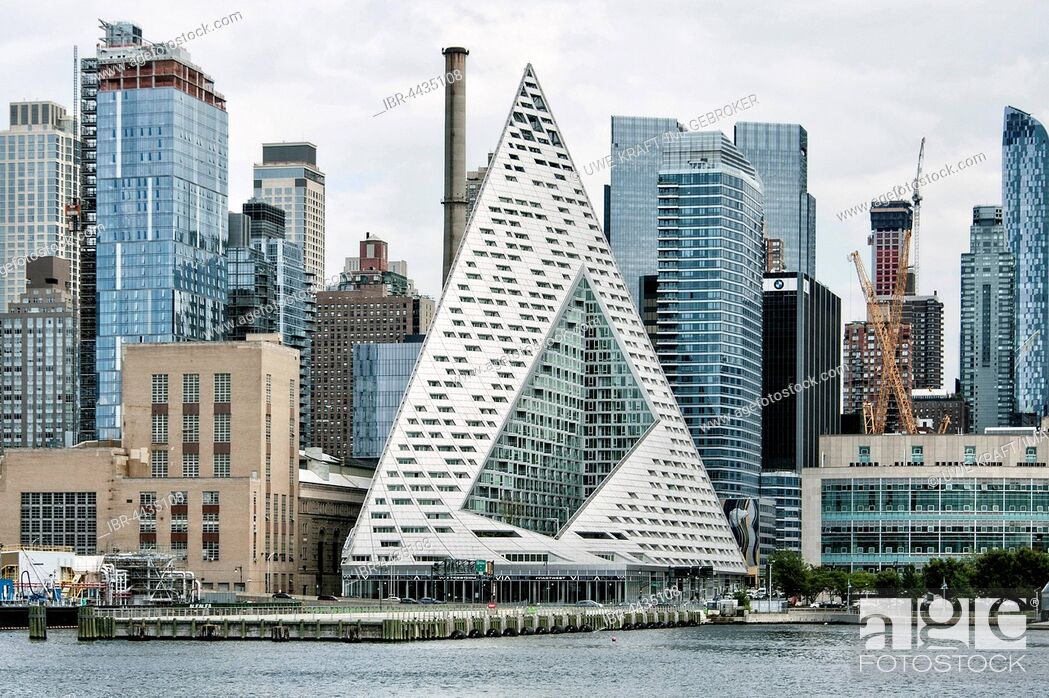 Stock Photo: VIA 57 West, pyramid shaped apartment building, with skyline, architects Bjarke Ingels Group, Hudson River, Hell's Kitchen, Manhattan, New York, USA.