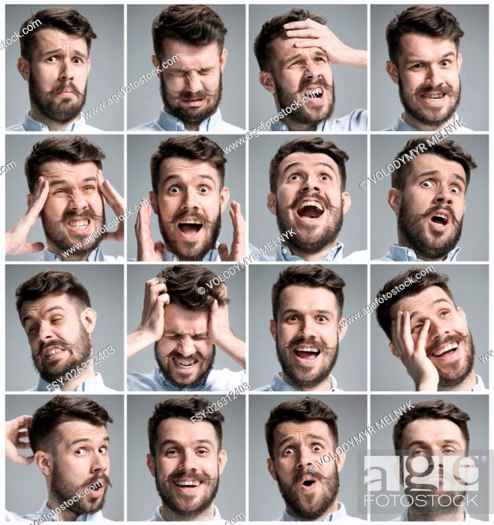 Photo de stock: Set of young man&#39;s portraits with different emotions on gray background.