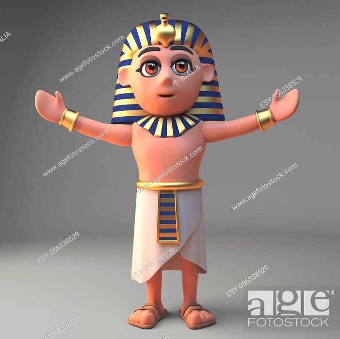 Stock Photo: 3d cartoon Tutankhamun pharaoh character with arms outstretched, 3d illustration render.