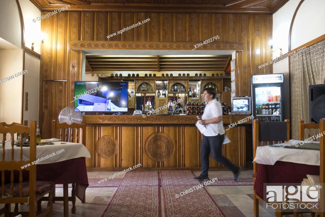 Stock Photo: Familiar restaurant in Permet, mountain village on the banks of the Vjosë or Vjosa river, Gjirokaster District, Albania, Southeastern Europe.