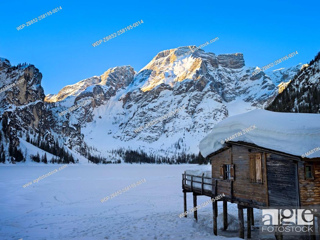 Stock Photo: Lake Prager Wildsee (Lago di Braies) in the nature park Fanes Sennes Prags, part of UNESCO World Heritage Dolomites, during winter in deep snow.
