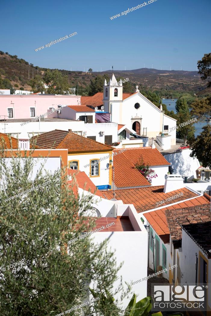 Stock Photo: the town Alcoutim in Portugal at the river Rio Guadiana on the Border of portugal and Spain at the east Algarve in the south of Portugal in Europe.