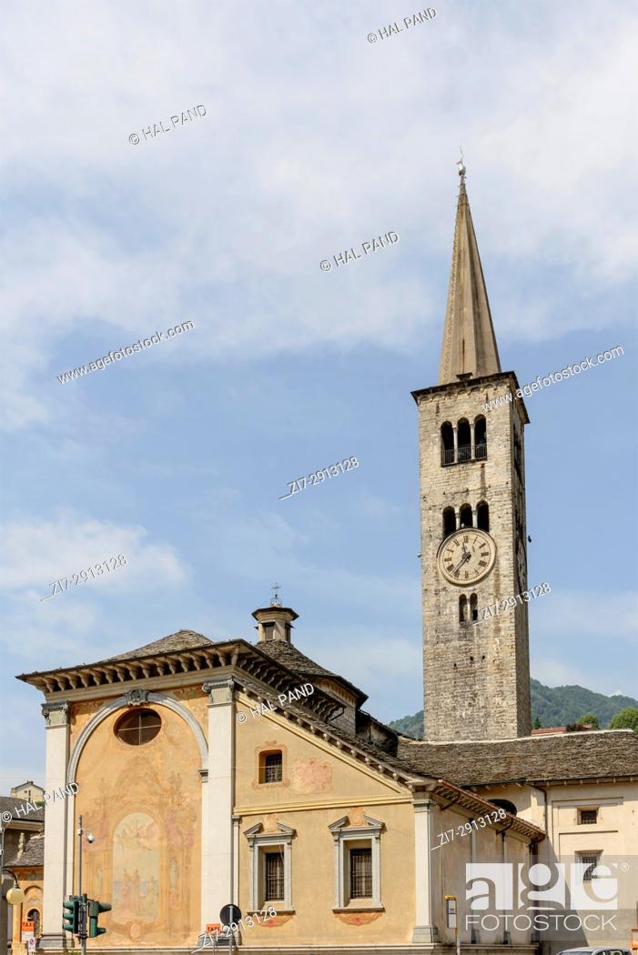 Stock Photo: view of rear side and bell tower of Romanesque S. Ambrogio church, shot on bright summer day at Omegna, Verbania, Cusio, Italy.