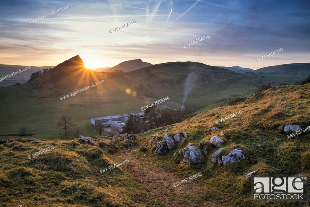 Stock Photo: Landscape image of Parkhouse Hill and Chrome Hill in Peak District at sunset.