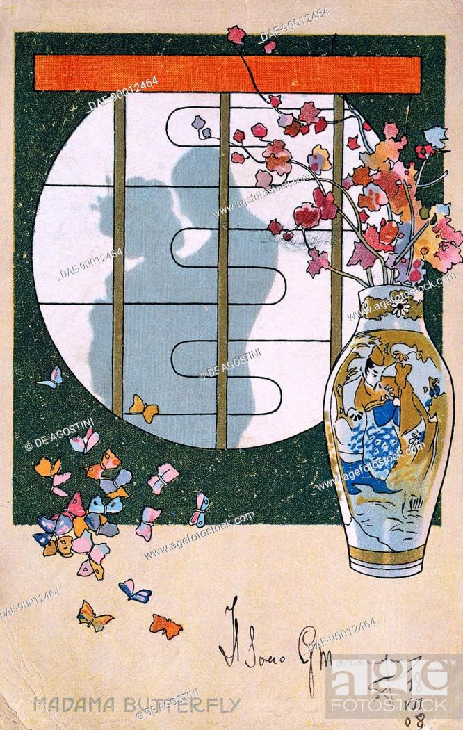 Stock Photo: Postcard by Leopoldo Metlicovitz (1868-1944) created on the occasion of the premiere of the opera Madame Butterfly, by Giacomo Puccini (1858-1924).