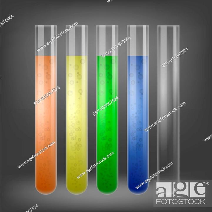 Stock Photo: Chemical Test Tube Set with Colored Liquids on Grey Blurred Background.