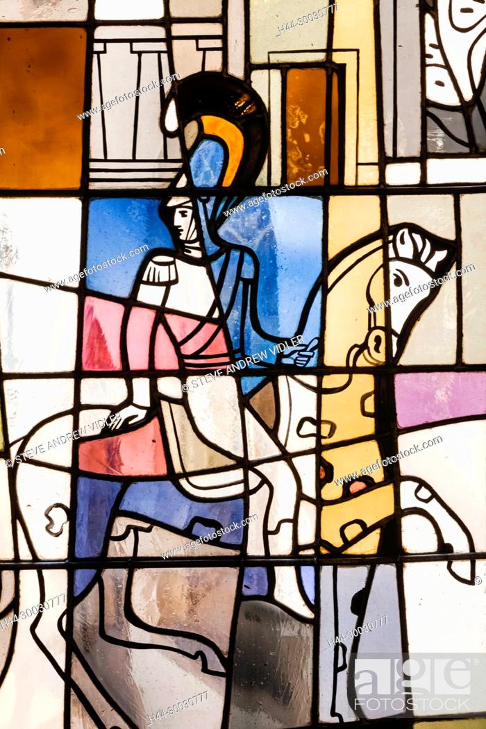 Stock Photo: Germany, Bavaria, Munich, Marienplatz, The New Town Hall aka Neus Ratshaus, Stained Glass Window depicting Knight on Horseback.