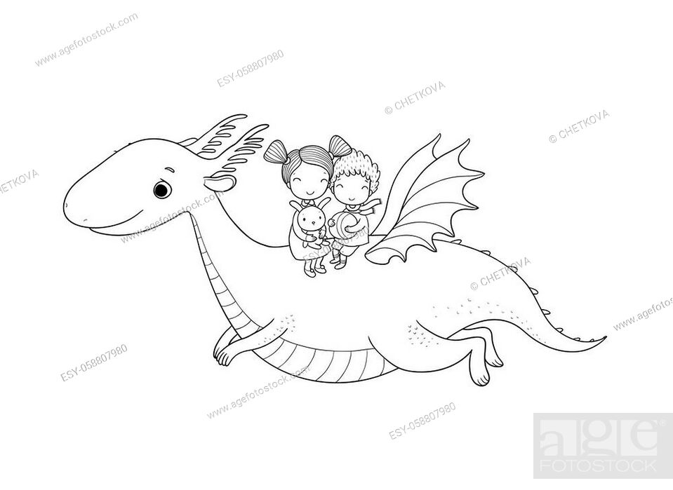 cute little kids are flying a dragon. Cartoon brother, sister and dinosaur,  Stock Vector, Vector And Low Budget Royalty Free Image. Pic. ESY-058807980  | agefotostock