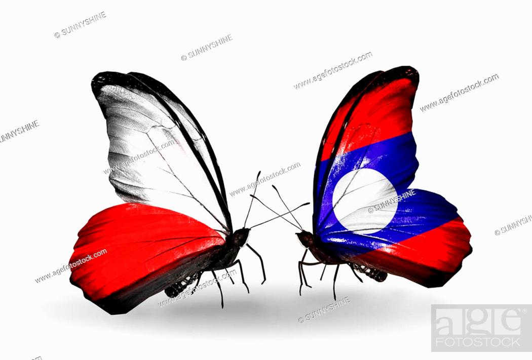 Stock Photo: Two butterflies with flags on wings as symbol of relations Poland and Laos.