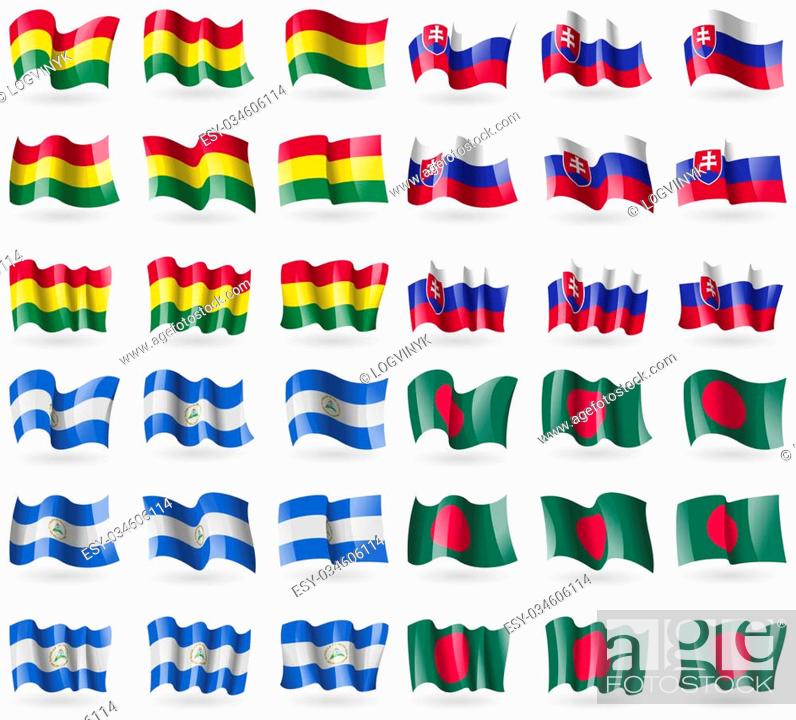 Stock Photo: Bolivia, Slovakia, Nicaragua, Bangladesh. Set of 36 flags of the countries of the world. illustration.