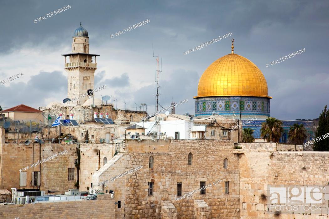 Stock Photo: Israel, Jerusalem, Old City, Jewish Quarter, elevated view of the Western Wall Plaza, late afternoon.