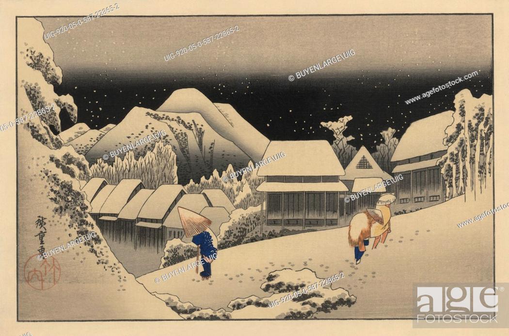 Stock Photo: Print shows travelers walking in the snow at night at the Kanbara station on the Tokaido Road. From the series, Gojusantsugi meisho zue : Views of famous places.