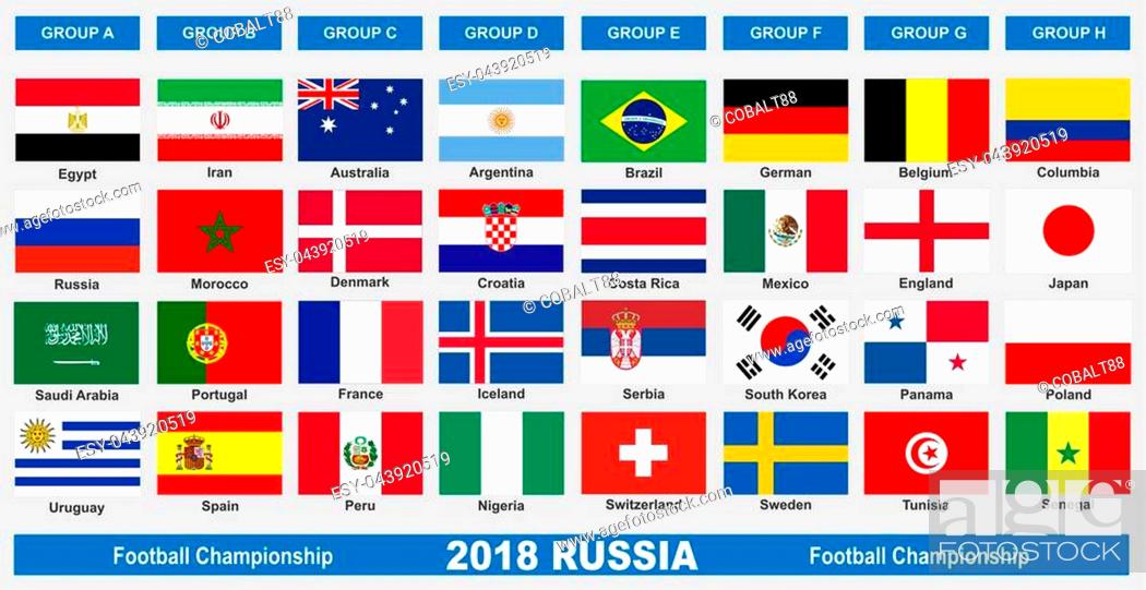 Vector: World cup football championship 2018 groups flags countries, vector illustration.