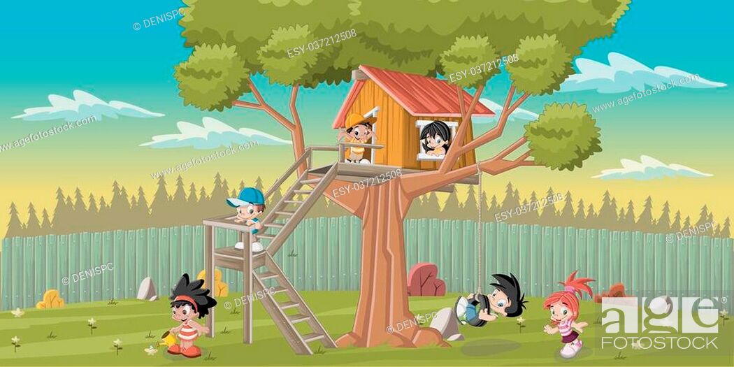 Cute happy cartoon kids playing in house tree on the backyard, Stock  Vector, Vector And Low Budget Royalty Free Image. Pic. ESY-037212508 |  agefotostock