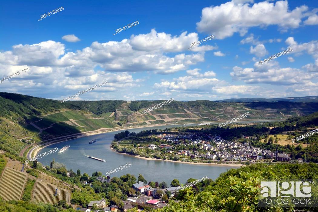 Stock Photo: Rhine bend near Boppard with view of Filsen and the Bopparder Hamm wine-growing area, UNESCO World Heritage Cultural Landscape Upper Middle Rhine Valley.