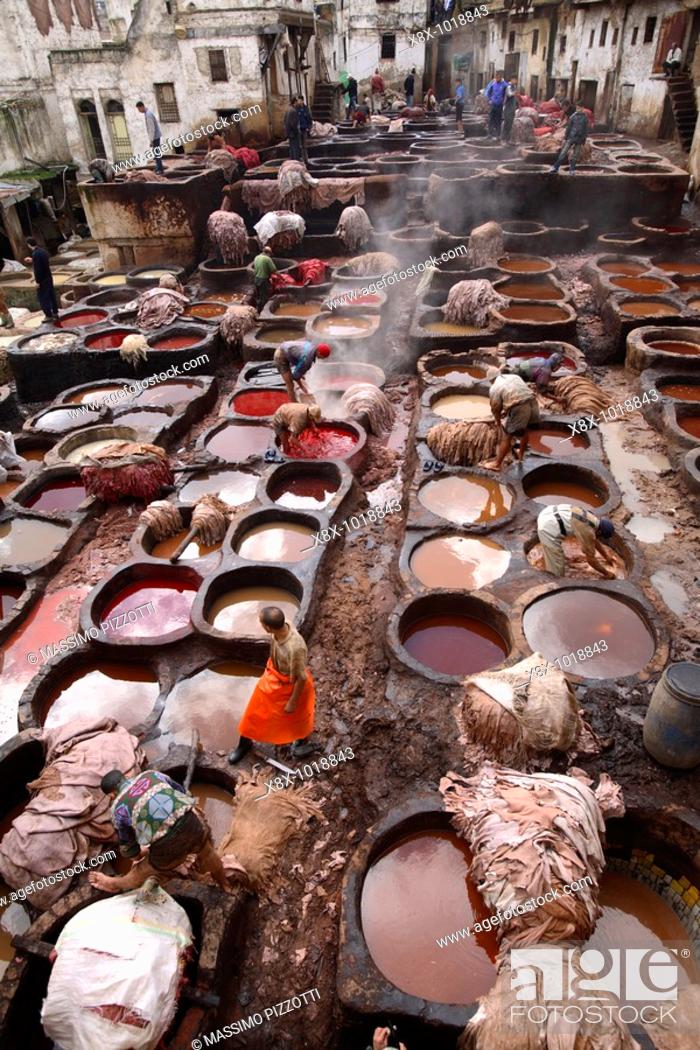 Stock Photo: Basins of paint in the Fes tanneries, Fes, Morocco.