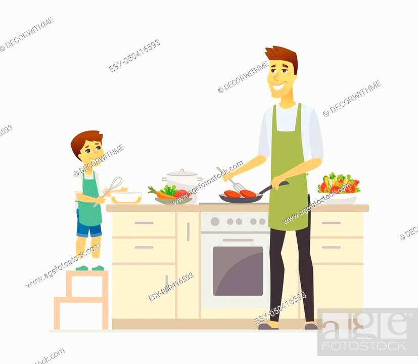 Father and son cooking - cartoon people characters illustration isolated on  white background, Stock Vector, Vector And Low Budget Royalty Free Image.  Pic. ESY-050416593 | agefotostock