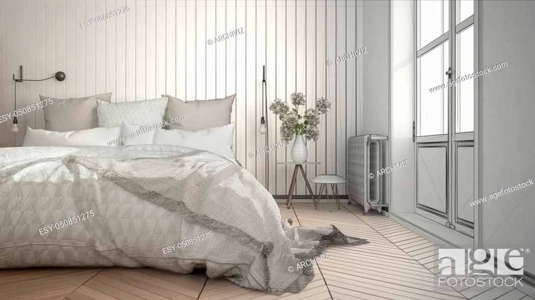 Unfinished Project Of Scandinavian Minimalist Bedroom With Big Window And Herringbone Parquet Stock Photo Picture And Low Budget Royalty Free Image Pic Esy 050851275 Agefotostock