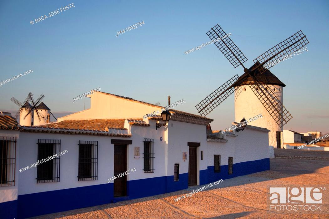 Stock Photo: Spain, Europe, Don Quijote, La Mancha, ancient, architecture, ecology, energy, hill, historic, road, romantic, skyline, sunset, touristic, tradition, windmills.