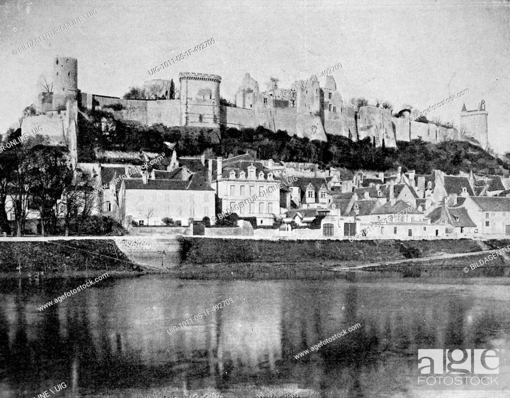 Stock Photo: Early autotype of the chateau de chinon castle, departement indre-et-loire, france, 1880.