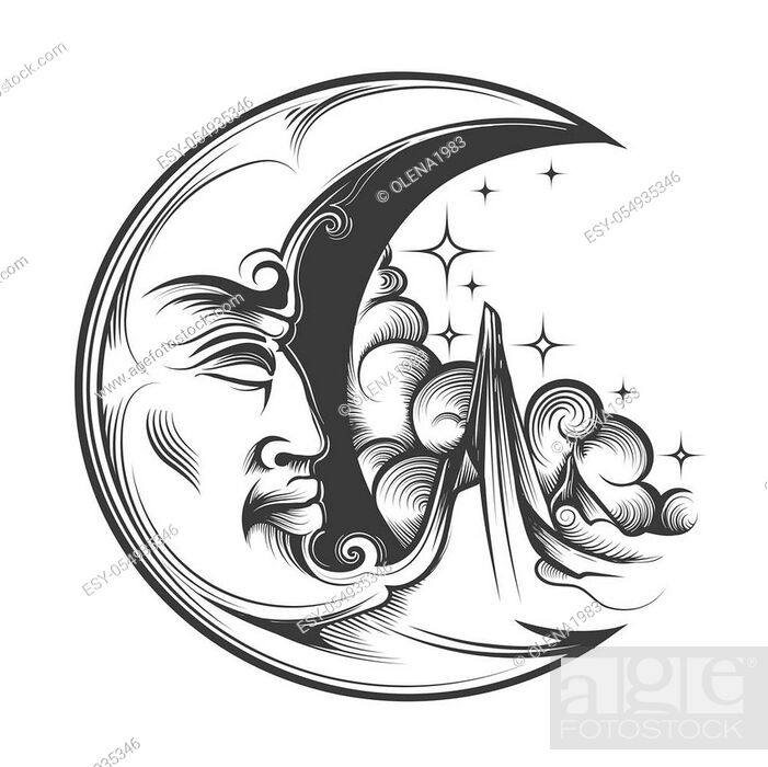 Crescent Moon with face Esoteric Symbol Engraving tattoo, Stock Vector,  Vector And Low Budget Royalty Free Image. Pic. ESY-054935346 | agefotostock