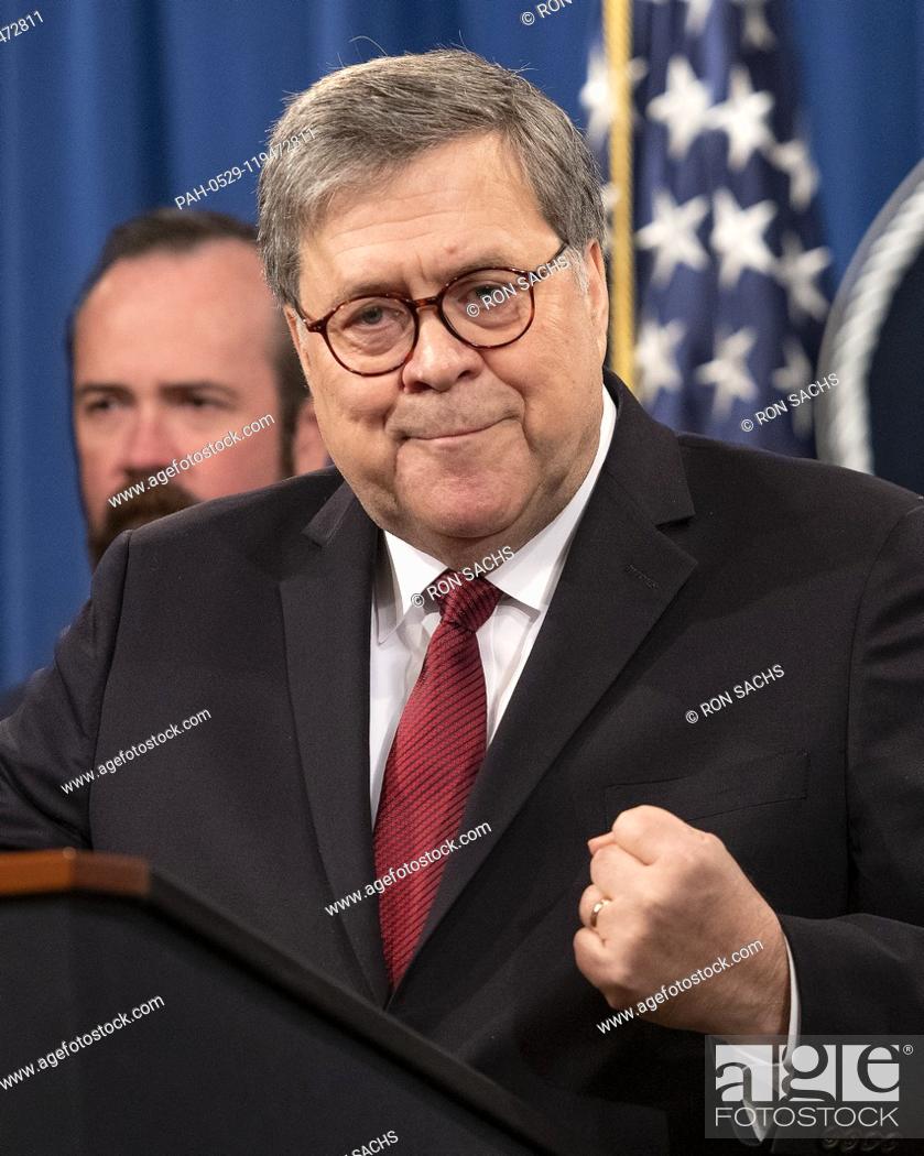 Stock Photo: United States Attorney General William P. Barr conducts a press conference at the US Department of Justice in Washington, DC on April 18, 2019.