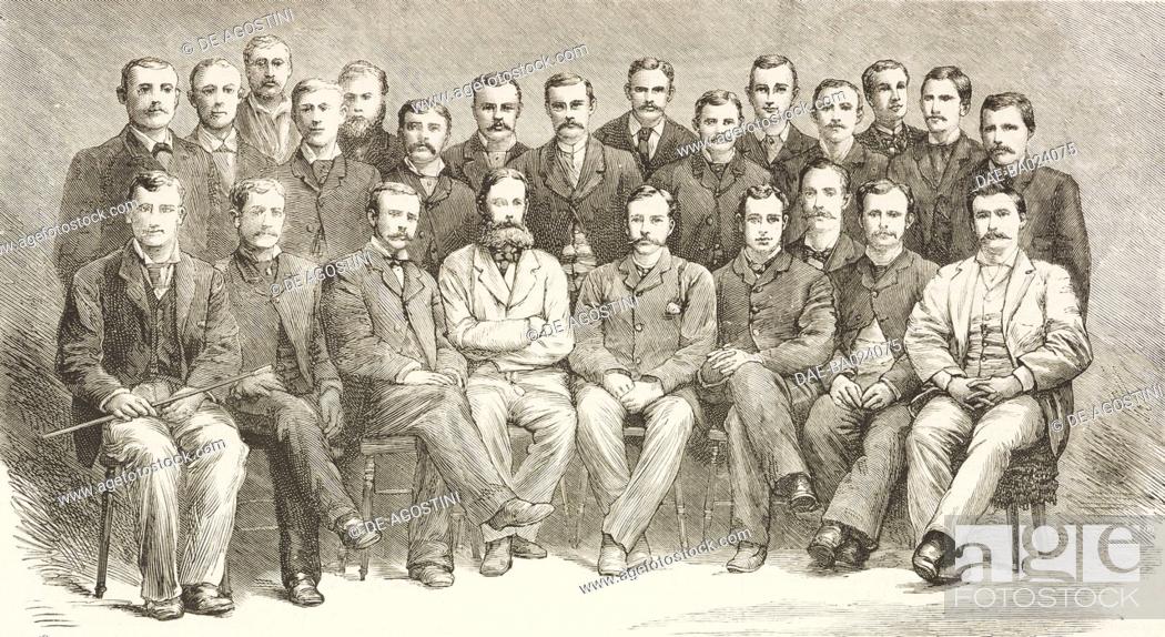 Photo de stock: Portrait group of the members of the Adolphus Greely Arctic Expedition, illustration from the magazine The Graphic, volume XXX, no 768, August 16, 1884.