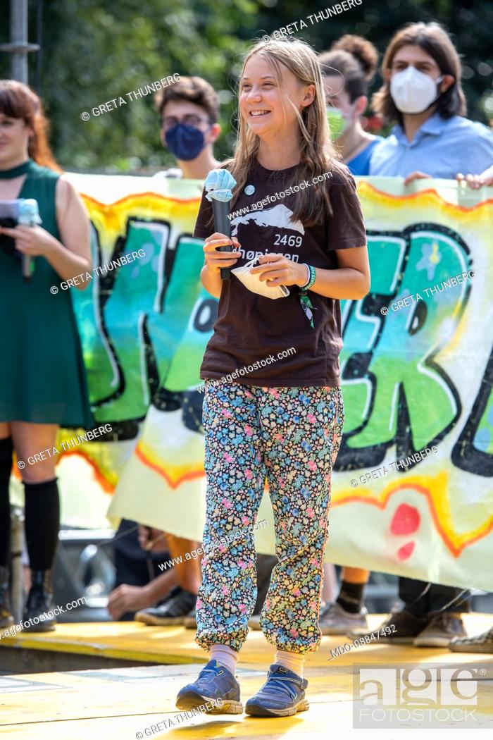 Stock Photo: Fridays for future 2021. Swedish activist Greta Thunberg during the demonstration for the climate emergency. Milan (Italy), October 1st, 2021.