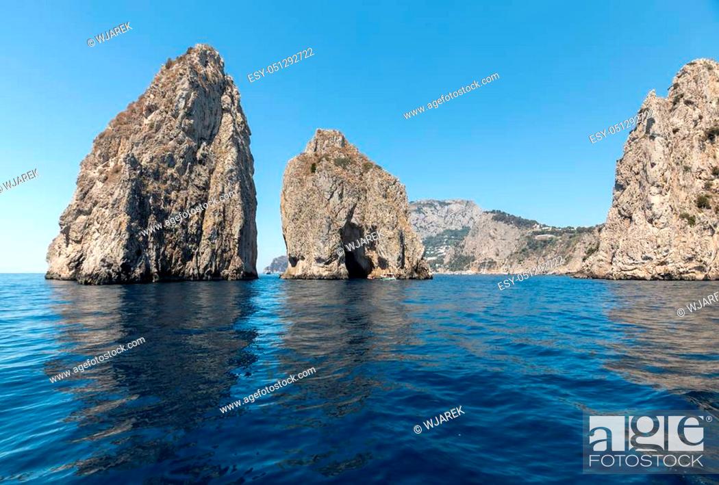 Photo de stock: Faraglioni Rocks on Capri Island, Italy. Rock's names left to left: Stella, Mezzo and Scopolo or Fuori.