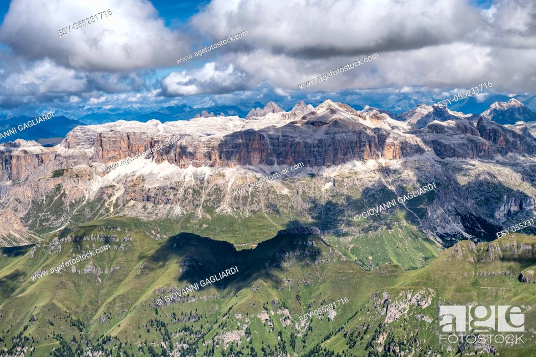 Stock Photo: Mountain landscape from Marmolada mountain peak in italian alps against blue sky.
