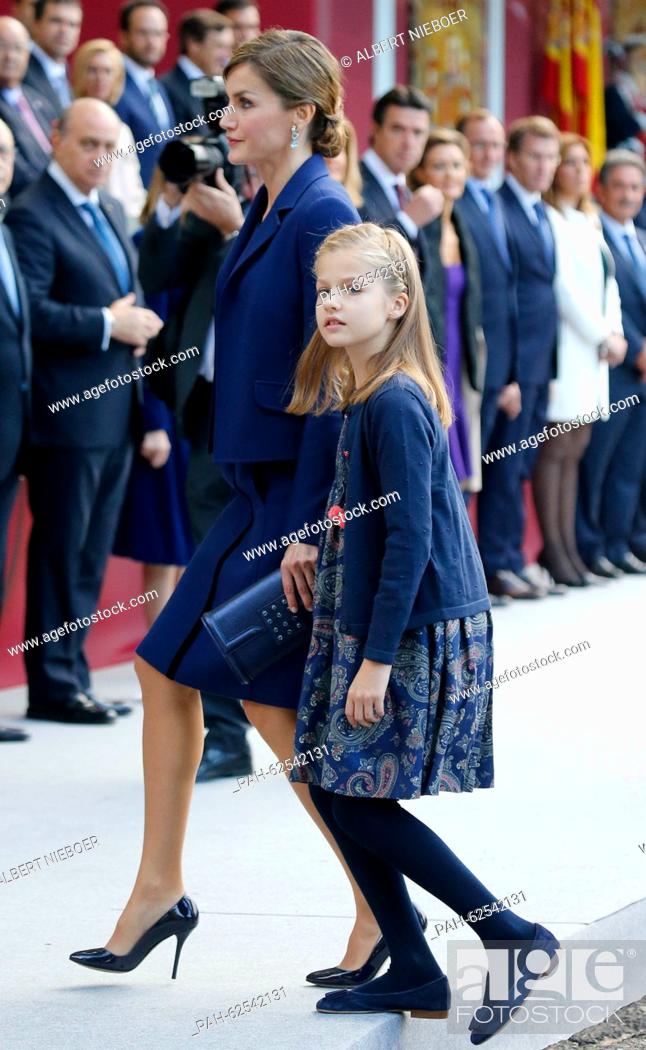 Stock Photo: Madrid, 12-10-2015 HM Queen Letizia and Princess Leonor HM King Felipe, HM Queen Letizia, Princess Leonor, Princess Sofia attend the military parade at la Plaza.