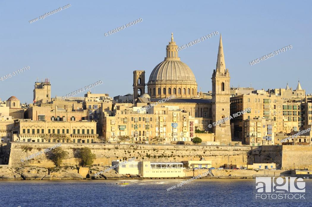 Stock Photo: Malta, Valletta listed as World Heritage by UNESCO, view of the city from Sliema, dome of the Carmelite church and bell tower of the Church of St.