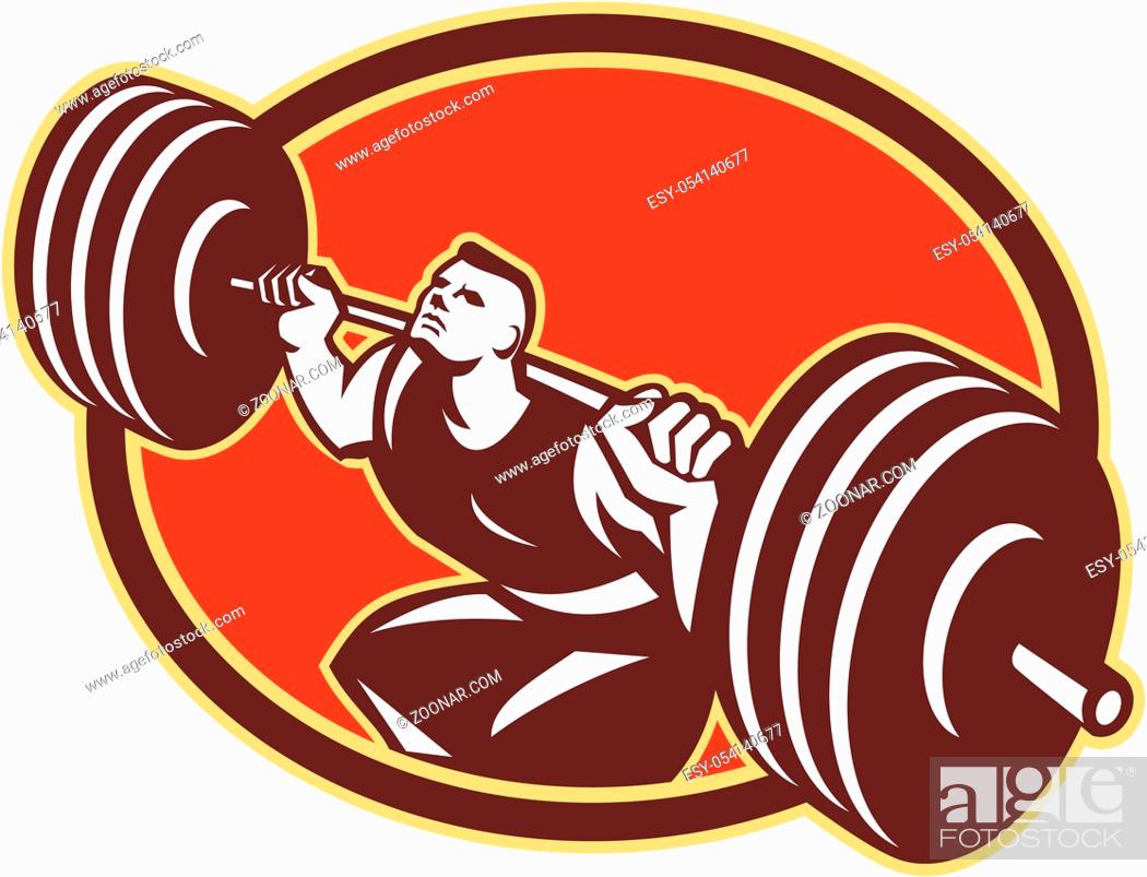 Stock Photo: Illustration of a crossfit athlete muscle-up lifting barbells facing front set inside oval shape done in retro style on isolated white background.