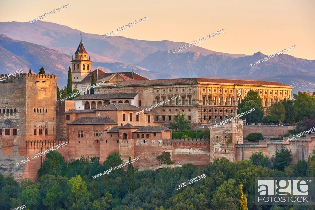 Stock Photo: Alhambra, UNESCO World Heritage Site, Albaicin, Sierra Nevada and la Alhambra at Sunset, Granada, Andalusia, Spain.