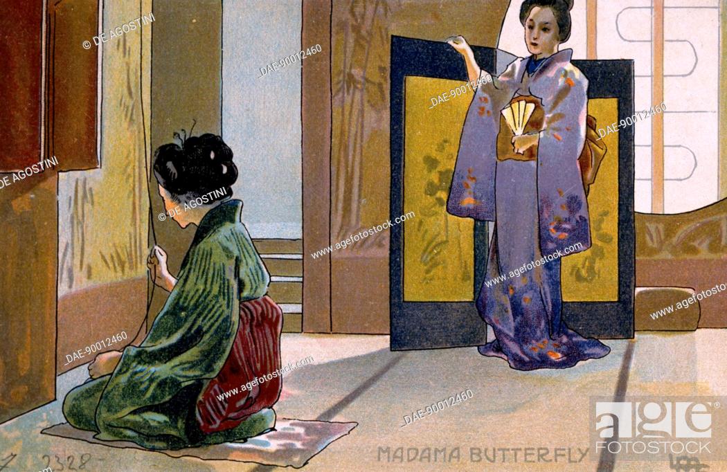 Stock Photo: Postcard by Leopoldo Metlicovitz created on occasion of the premiere of the opera Madame Butterfly, by Giacomo Puccini (1858-1924) in Brescia, 1904.