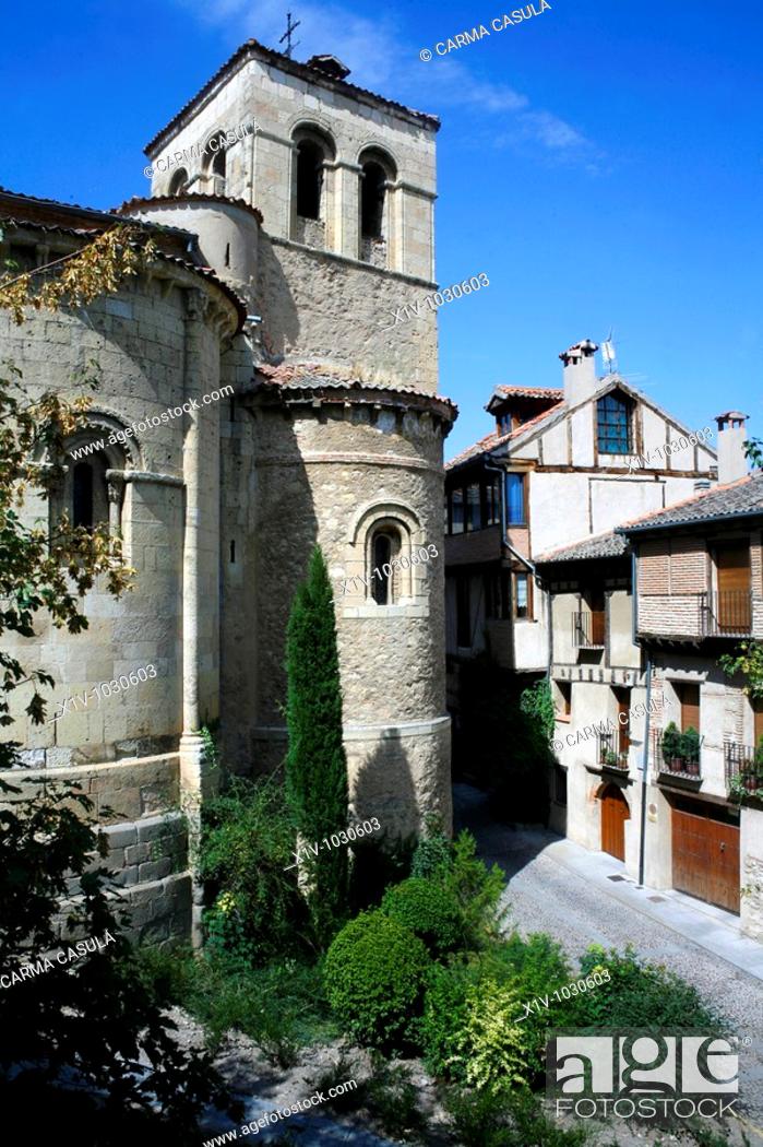 Stock Photo: Canonjias Romanesque area with St Nicholas church, Segovia. Castilla-Leon, Spain.