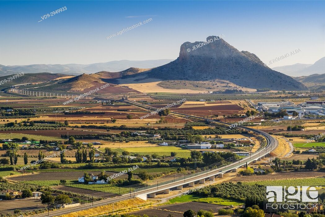 Stock Photo: Panoramic view. La Peña de los Enamorados, Lovers Rock or Montaña del Indio & High Speed Train Line AVE, Antequera. Málaga province, Andalusia.