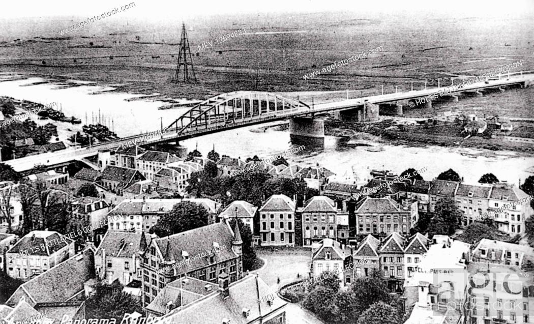 Stock Photo: This is the view of the Arnhem bridge taken from the top of the Eusebius church three years after the former was opened. Between 1939 and 1950 it was blown and.