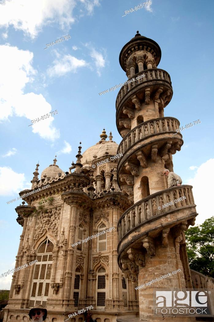 Stock Photo: One of the four minarets at the Jama Masjid (mosque) in the Mahabat Maqbara complex, built in 1892, Junagadh, Gujarat, India, Asia.