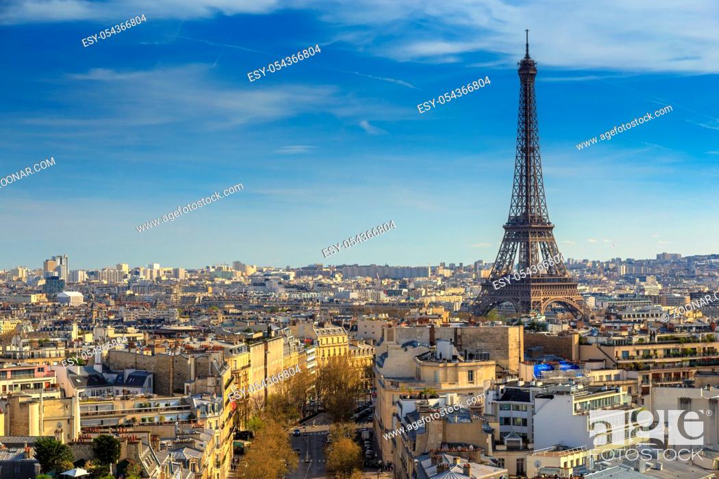 Stock Photo: Beautiful panoramic view of Paris from the roof of the Triumphal Arch. Champs Elysees and the Eiffel Tower.