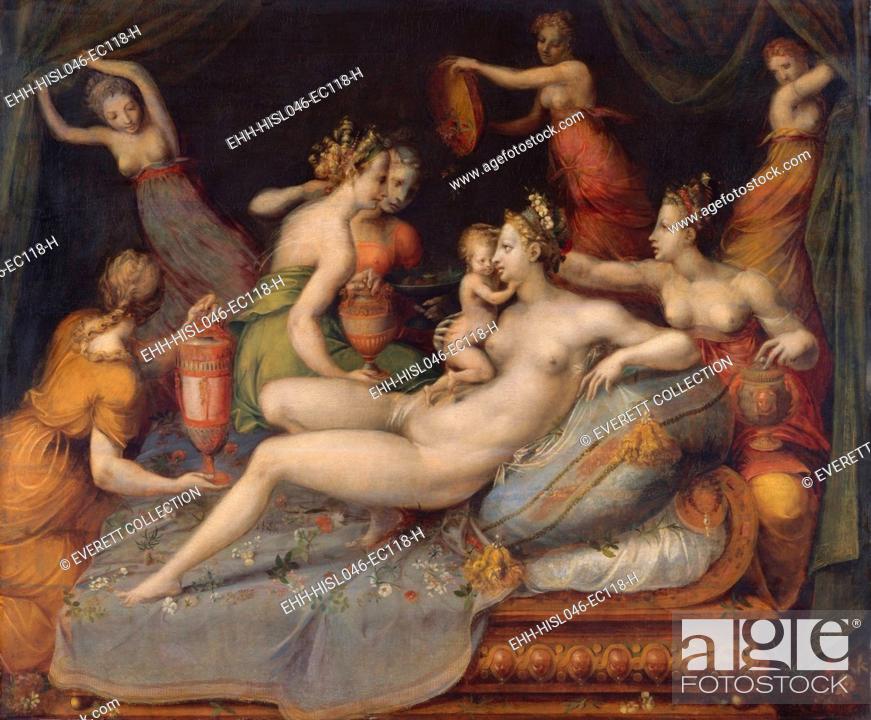 Stock Photo: THE BIRTH OF CUPID, by Master of Flora, 1550-99, French painting, Mannerism, oil on wood. Birth of Cupid, with attendants ministering to his mother, Venus.