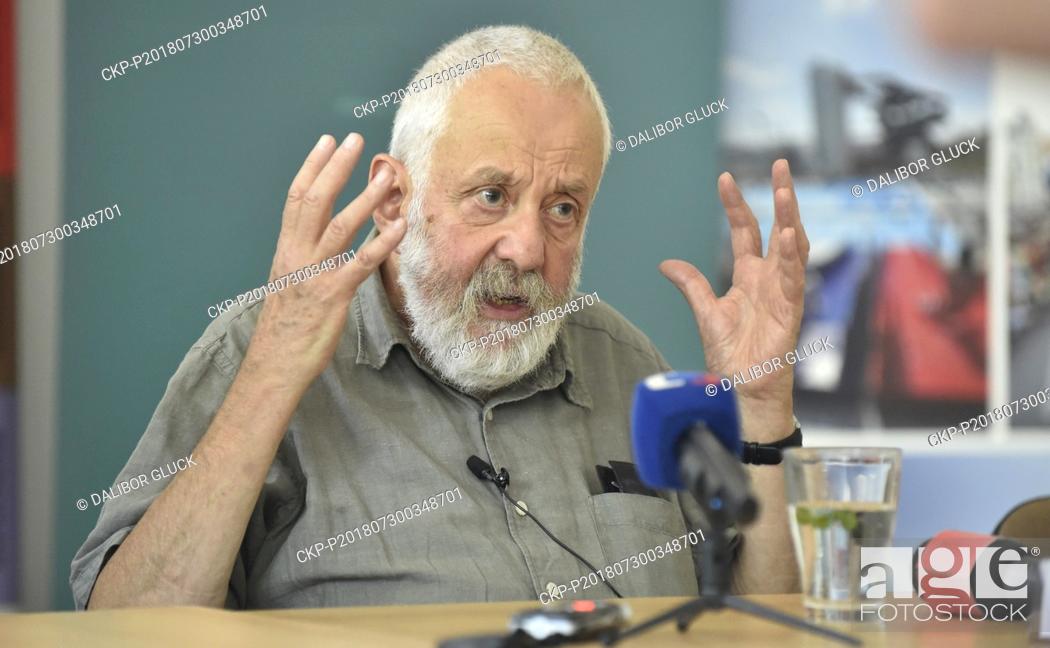 Stock Photo: Festival guest, British film director Mike Leigh, 75, speaks during the press conference within the Summer Film School Uherske Hradiste festival, Czech Republic.