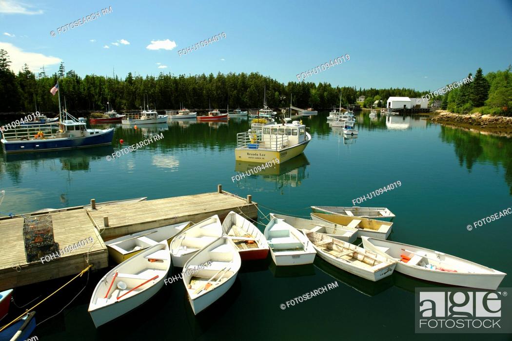 Stock Photo: Winter Harbor, ME, Maine, fishing harbor, dock, dinghies.