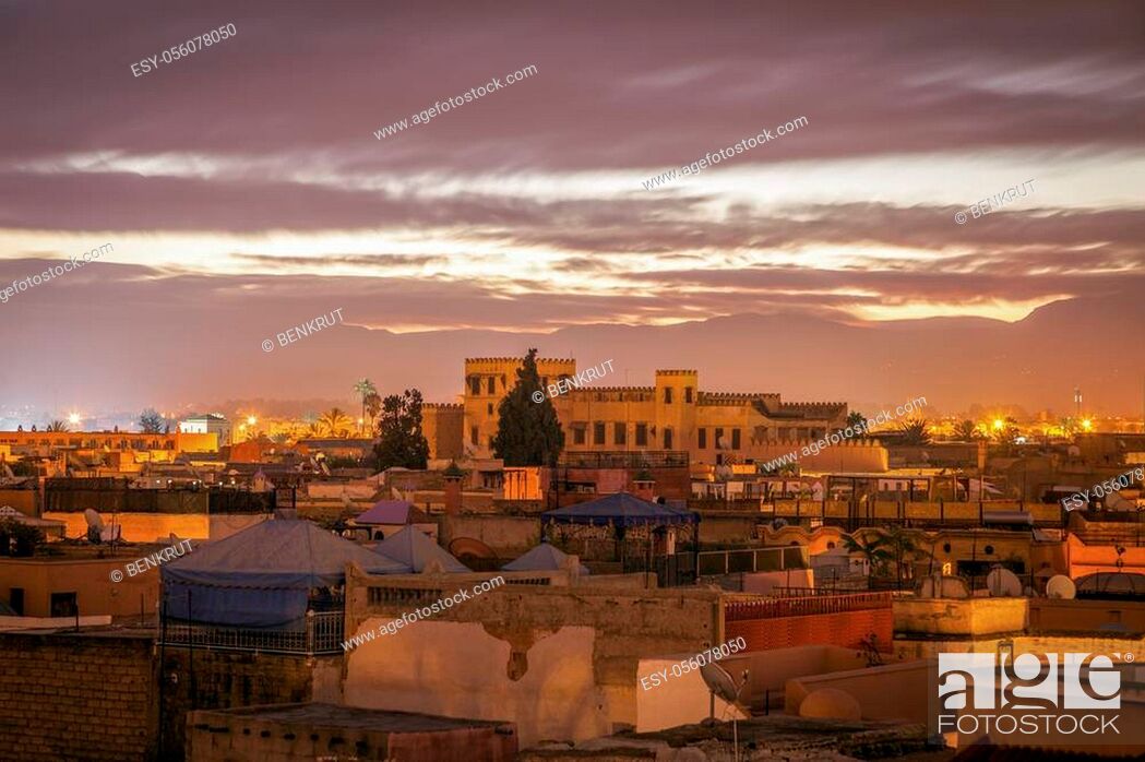 Stock Photo: Old town of Marrakesh at sunrise - aerial view. Marrakesh, Marrakesh-Safi, Morocco.