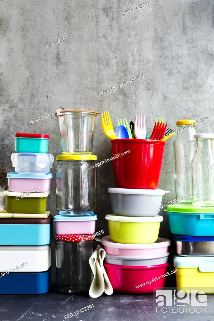 Stock Photo: Lunch boxes, bento boxes, storage jars, tupperware, and glass bottles.
